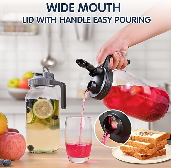 64oz Glass Pitcher with Lid, Wide Mouth Mason Jar Water Jug, Leak-Proof Airtight Mason Jar for Cold Brew Coffee, Iced Tea, Milk, Food Storage, Sun Tea Jug (Black)