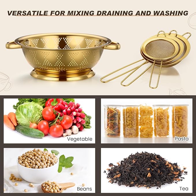 4 Pcs Gold Kitchen Accessories Includes Stainless Steel Colander and 3 Pcs Gold Fine Mesh Strainer Essential Kitchen Colander Strainers with Handles, Easy Clean and Dishwasher Safe(3.7 Qt)