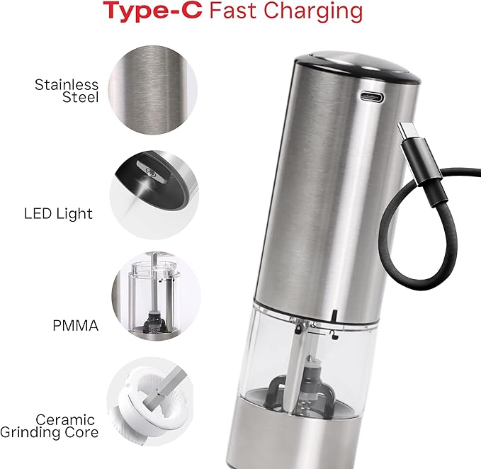 Electric Salt and Pepper Grinder – Automatic One-Handed Operation, Rechargeable Stainless Steel Mills, LED Light, 5-Level Adjustable Coarseness