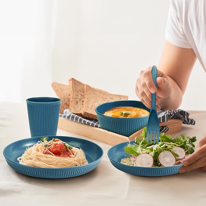 OAMCEG Plates and Bowls Sets Kitchen 42 Pcs, Plastic Wheat Straw Dinnerware Set, Dinner Plate/Dessert Plate/Cereal Bowl/Cup/Flatware Set, Dishwasher Microwave Safe, Outdoor Camping Dishes, Navy