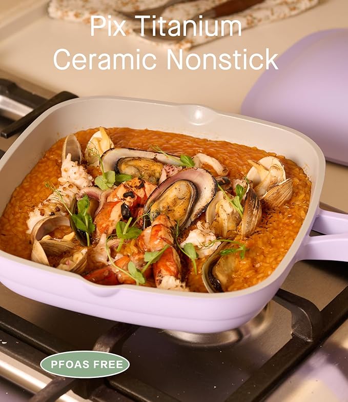 10.5 Inch(3.8QT) Deep Frying Pan,Non Stick Frying Pans Cast Aluminum,Ti-Ceramic Non Toxic Pix Pan with Lid,Natural Wooden Spatula and Loofah Scrubber-Dusk Petal