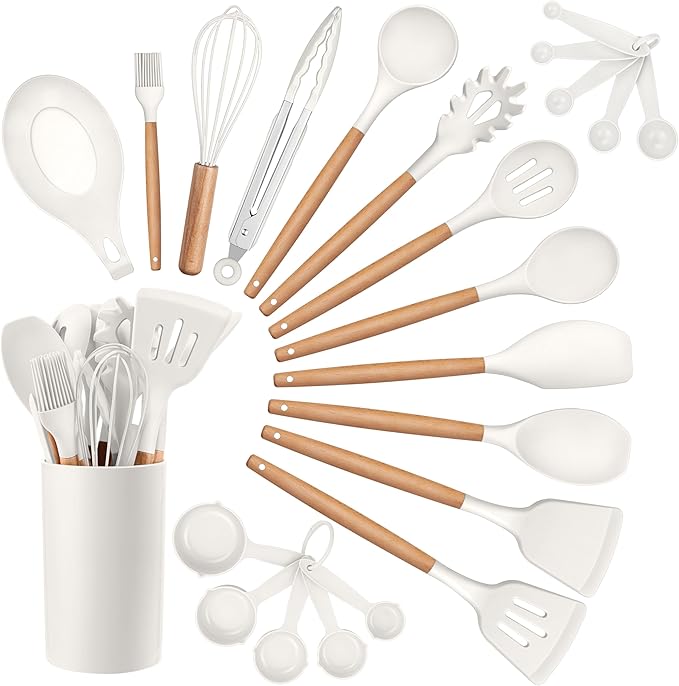 HaWare Kitchen Cooking Utensils Set, 23-Piece Silicone Kitchen Utensils Spatula Set with Holder, Heat Resistant Wooden Handle Kitchen Gadget for Nonstick Cookware, Food-grade Turner Spoon Sets (White)