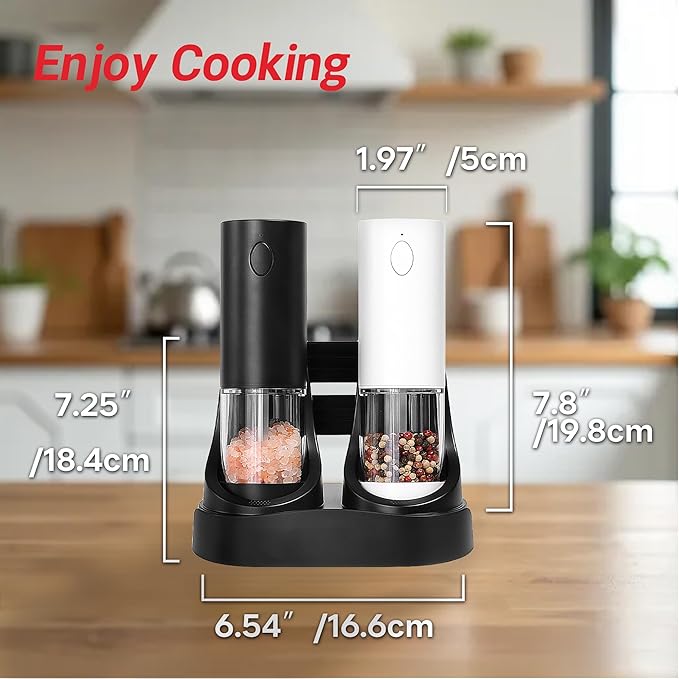 Electric Salt and Pepper Grinder Set – Automatic One-Handed Operation, Rechargeable ABS Mills, LED Light, 5-Level Adjustable Coarseness, Large 95ml Capacity and Charging Base