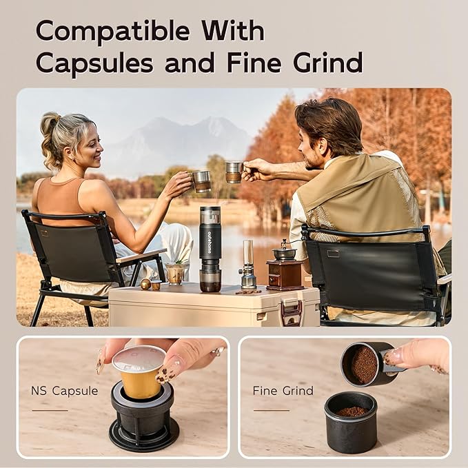 Portable Electric Espresso Machine,15 Bar Self Heating Outdoor Coffee Maker, Travel Coffee Machine for Camping With Ground Coffee and NS Capsule for RV, Office,Car Coffee with carry Bag