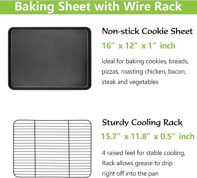 E-far Nonstick Baking Sheet with Rack Set, 16 x 12 x 1 Inch Cookie Sheet Baking Pan with Cooling Rack for Oven, Commercial Grade & Non-Toxic, Easy to Clean