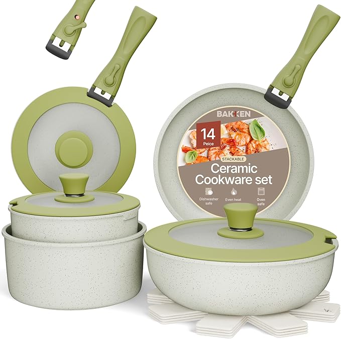 Pots and Pans Set Non Stick Ceramic-Granite – 14-Piece Cookware with Detachable Handles, Stackable Space-Saving, Dishwasher Safe, Stain-resistant, Oven & All-Stove Safe, Tempered Glass Lids, Green