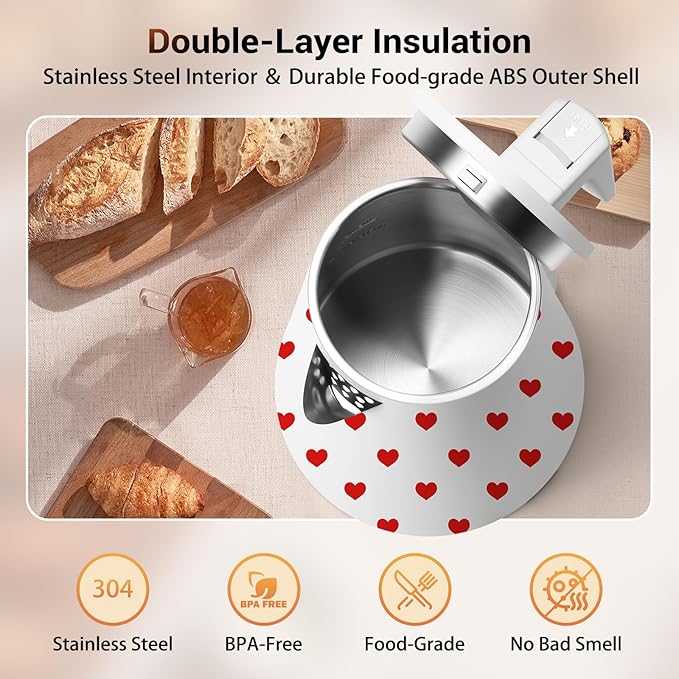 1.2L Double Wall Stainless Steel Interior Water Boiler, Cordless, 1000W Fast Boil with LED Light Coffee Pot & Tea Electric Kettle, Auto Shut-Off and Boil-Dry Protection (Heart)