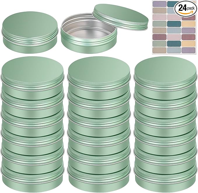 YQ 24 Pack 4 oz Tins for Salves, Round Aluminum Metal Tin with Lids, Empty 4oz Tin Containers Food Storage Containers, Salve Tins with Lids and Labels for Cosmetic, Balm, Candle, Candy(Light Green)