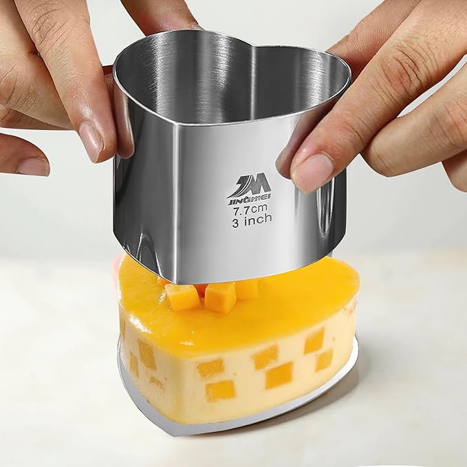 6 Pack Heart-Shaped Cake Ring Molds, Seamless Stainless Steel Cake Cutter with Pusher & Lifter, 3-Inch Dessert Mousse Rings for Baking (Includes 1 Pusher, 1 Lifter and 6 Rings)