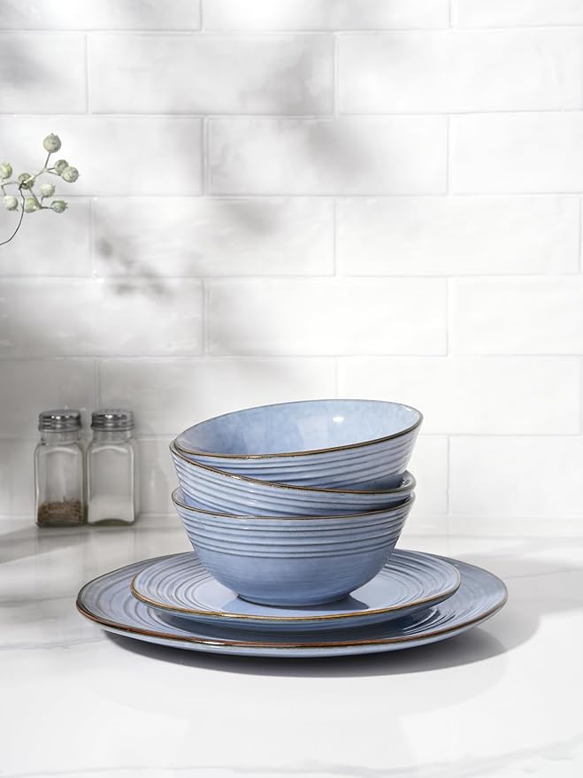 Famiware Plates and Bowls Sets 18-Piece Stoneware Dinnerware Sets, Dishes Set for 6, Hand-made Reactive Glaze Dish Set, Twilight Series, Blue