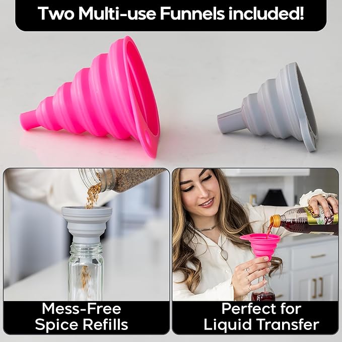 Pack of 2, Expandable 3 Tiered Spice Rack Organizer for Cabinet and Kitchen Pantry Shelf - Non-Slip Shelves for Spices, Seasoning, Canned Food, Medicine Cabinet Organizer - Includes Silicone Funnels