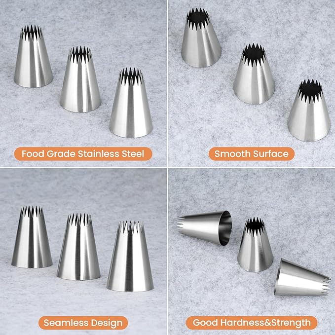 3Pcs Churro Piping Bags and Tips Set,Stainless Steel 9FT Icing Tips Set with 10Pcs Disposable Piping Bags,Open Star Pastry Tips for Cake Decorating