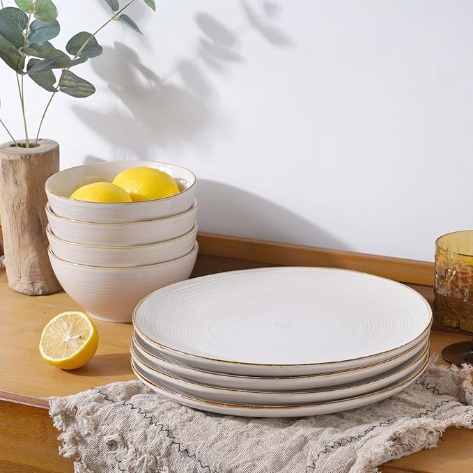 famiware Tempus Plates and Bowls Sets for 8, 24 Pieces Stoneware Dinnerware Sets, Dishes Set, Reactive Glaze Dishware Sets, Dishwasher & Microwave Safe - Antique White
