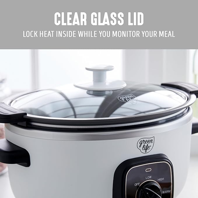 GreenLife 3.5QT Slow Cooker, Non-Toxic PFAS-Free Ceramic Nonstick Removable Interior Bowl, Programmable, Keep Warm, Stovetop & Oven Safe, Dishwasher Safe Parts, Glass Lid, White