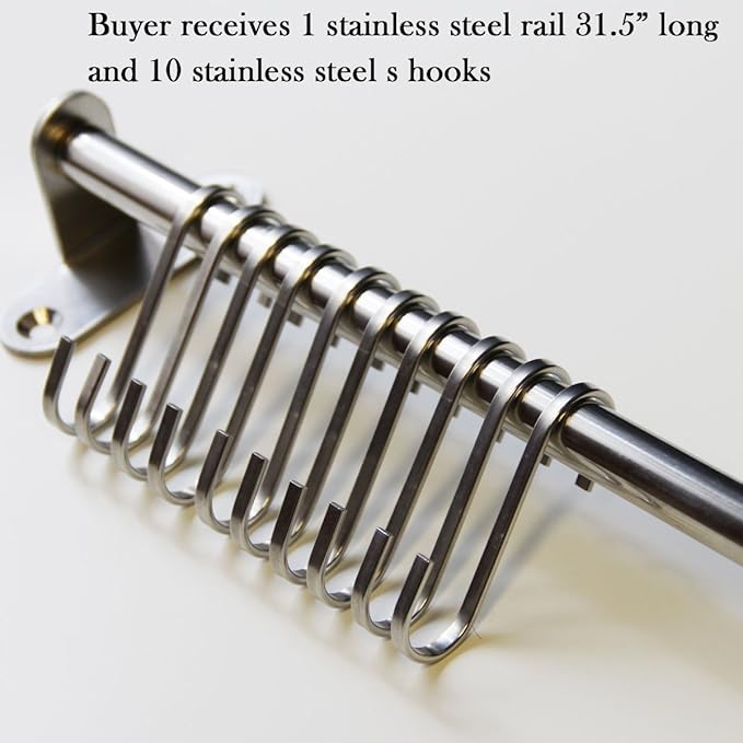 Premium Chefmate Stainless Steel Gourmet Kitchen 31.5 Inch Wall Mount Rail and 10 S Hooks Set Utensil Pot Pan Lid Rack Storage Organizer, Silver