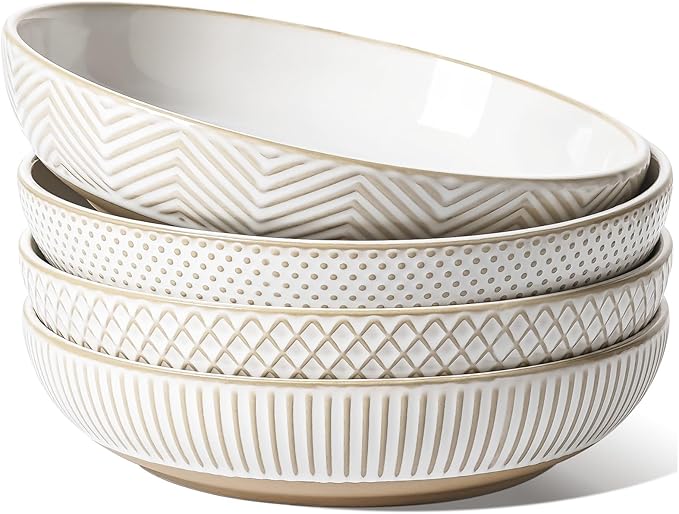 LE TAUCI Pasta Bowls 46oz, Large Salad Bowl, Ceramic Serving Plate, House-warming Wedding Present, Embossment Stoneware Bowl for Fruits, Noodle, Dinner - 9 Inch, Set of 4, Arctic White