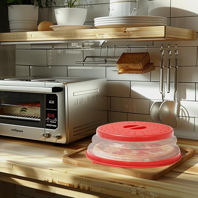 Collapsible Microwave Splatter Cover, Vented Microwave Lid with Hook Hole, Splatter Guard for Plate Dish Bowl, Vegetable Fruit Colander Multi-function Kitchen Gadget, BPA-Free (Red)