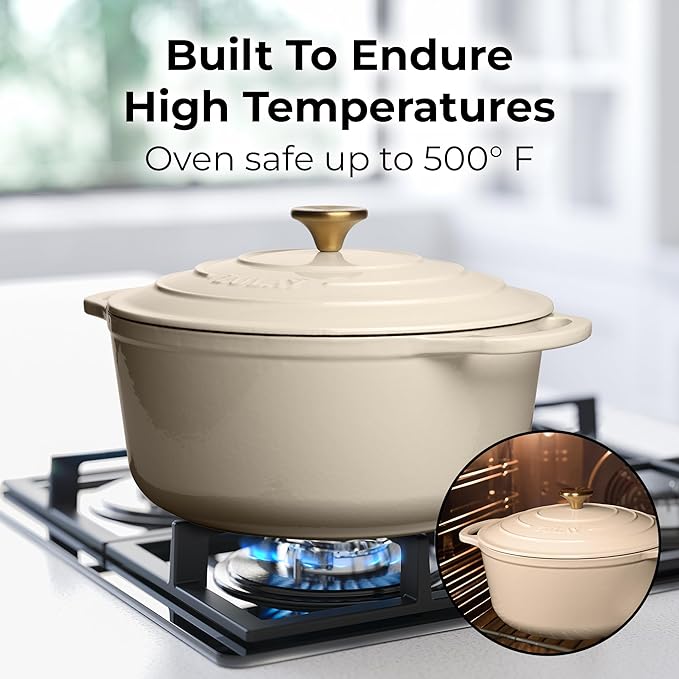 Zulay Kitchen 5 Quart Enameled Cast Iron Dutch Oven with Lid,Silicone Trivet & Heat Pad – Premium Durability & Oven Safe up to 500°F – Heavy Duty Cookware Perfect for Bread Baking, Stews, Braising & Roasting – Ivory
