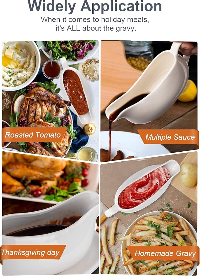 Nucookery Large 17 Oz Gravy Boat with Ergonomic Handle, White Fine Porcelain Saucier with Big Dripless Lip Spout, Bowl For Thanksgiving, Warming Sauces, Salad Dressings, Milk, Microwave & Freezer Safe