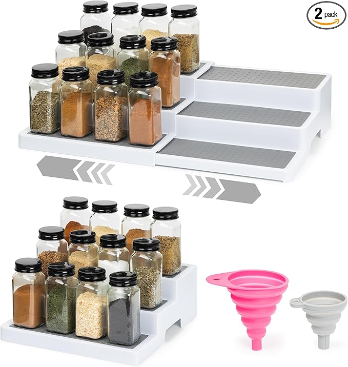 Pack of 2, Expandable 3 Tiered Spice Rack Organizer for Cabinet and Kitchen Pantry Shelf - Non-Slip Shelves for Spices, Seasoning, Canned Food, Medicine Cabinet Organizer - Includes Silicone Funnels
