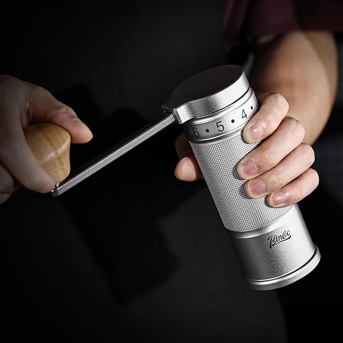 Bincoo Manual Coffee Grinder with Foldable Handle– External Setting Hand Coffee Grinder with Steel Burr,Compact and Portable for Home/Travel/Camping(Sliver)