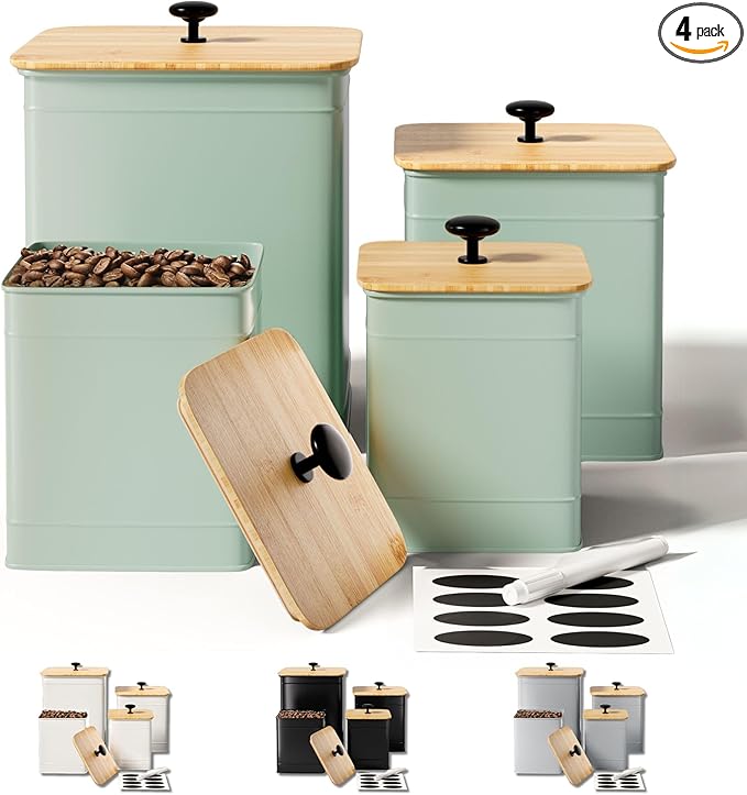 Kitchen Canisters for Countertop Set of 4 with Customizable Chalkboard Labels & Marker Pen - Big Iron Kitchen Canisters with Airtight Lids - Sage Green Canister Set - Flour and Sugar Containers
