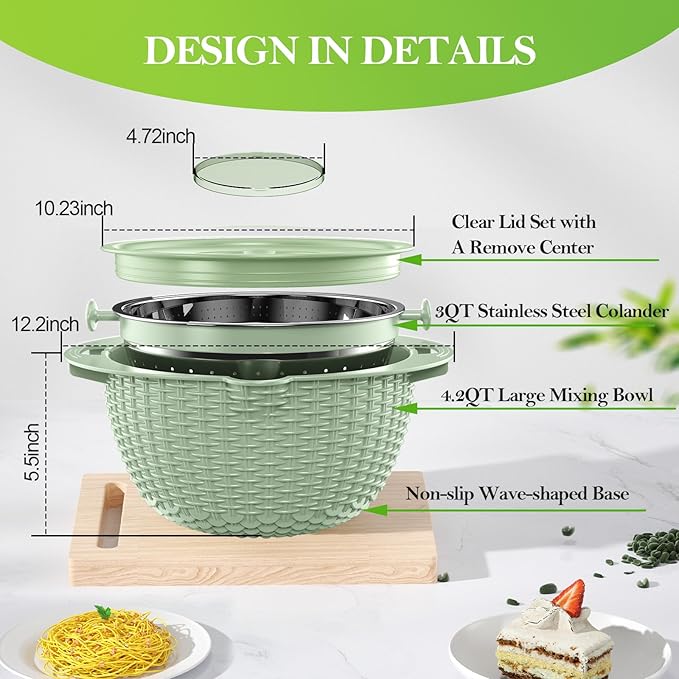 4 in 1 Colander with Bowl Set, Food Strainers and Colanders, Colander for Kitchen, Pasta Strainer, Fruit Washing Bowl, Kitchen Essentials Strainer Basket Bowl, Green