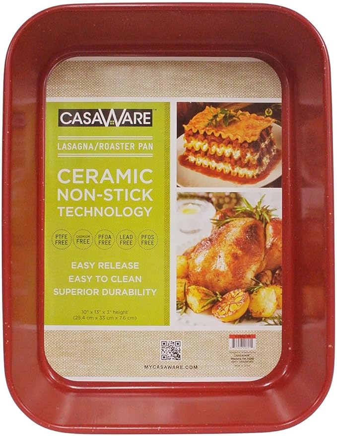 casaWare Ceramic Coated NonStick Lasagna/Roaster Pan 13 x 10 x 3-Inch (Red Granite)