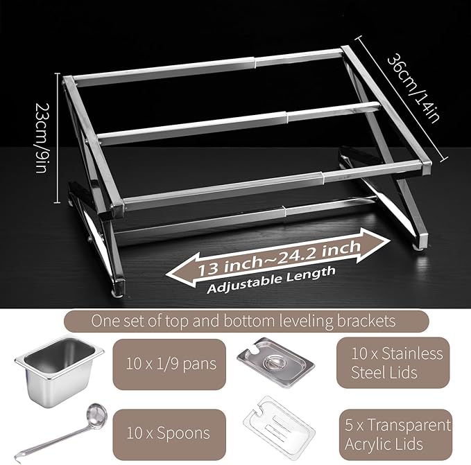 Two Tier Adjustable Stainless Steel Spice Organizer Set of 10 Pots with Spoons Commercial Kitchen Spice Rack Sauce Rack Buffet Counter Milk Tea Shop Multifunctional Shelf (Double Slant)