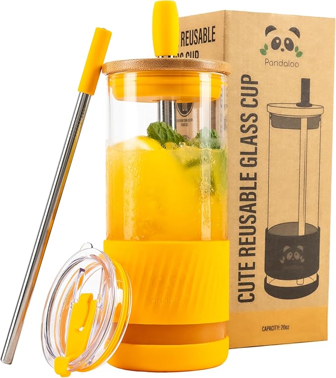 Pandaloo® Glass Cups With Lids and Straws -20 Fl Oz- Perfect Size Iced Coffee Cup - Smoothie Cup With Bamboo Lid and On the go Lid - Glass Tumbler With Straw (1 Count (Pack of 1), Maracuja Dream)