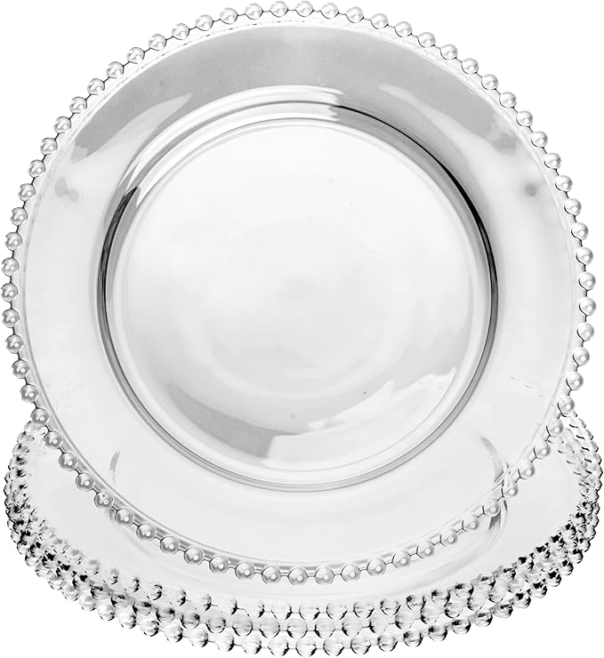 WOLFF - Set of 4 Pearl Beaded Crystal Dinner Plates - Clear Glass Plates, Dinner Accessories, Crystal Kitchen Utensils Set - Luxury Glasswear, Dish Set - Clear, 11 inches