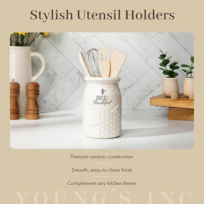 Young's Inc. Ceramic Utensil Holder for Countertop - Kitchen Crock with 3 Wooden Utensils - Large Organizer for Cooking Tools, Flatware, and More - Bee Thankful