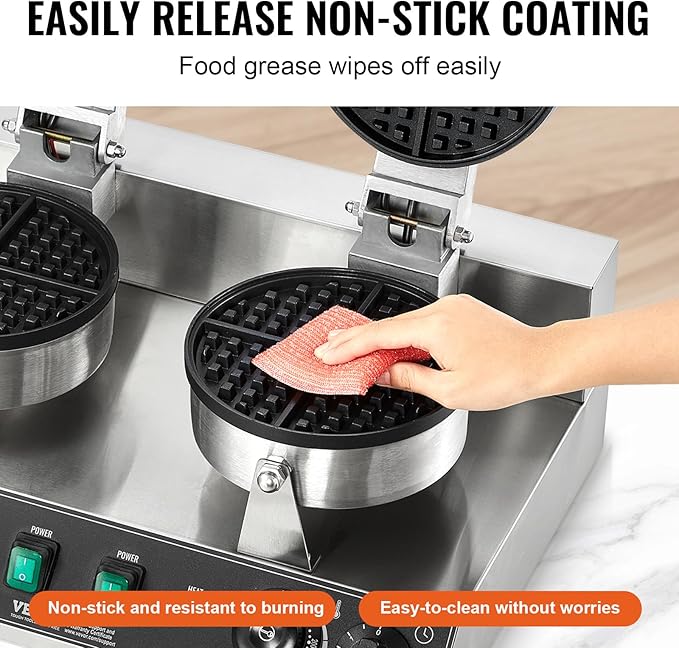 VEVOR Commercial Waffle Maker, Dual-Head Round Waffle Baker Machine, 2460W Non-Stick Stainless Steel Belgian Waffle Iron with Temp and Time Control, Handle, for Restaurant Bakery Snack Bar Family
