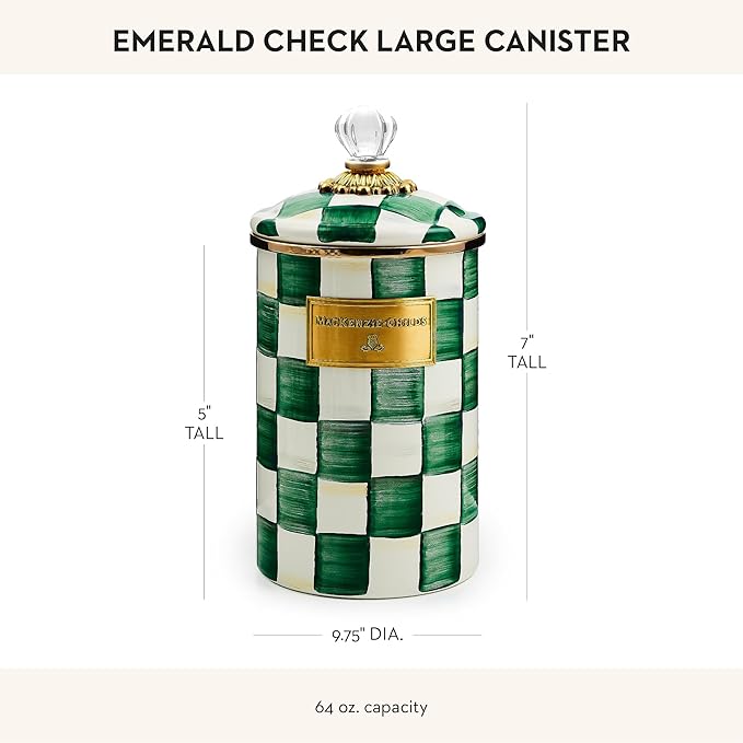 MACKENZIE-CHILDS Large Enamel Canister, Kitchen Storage Container with Lid, Green-and-White Emerald Check