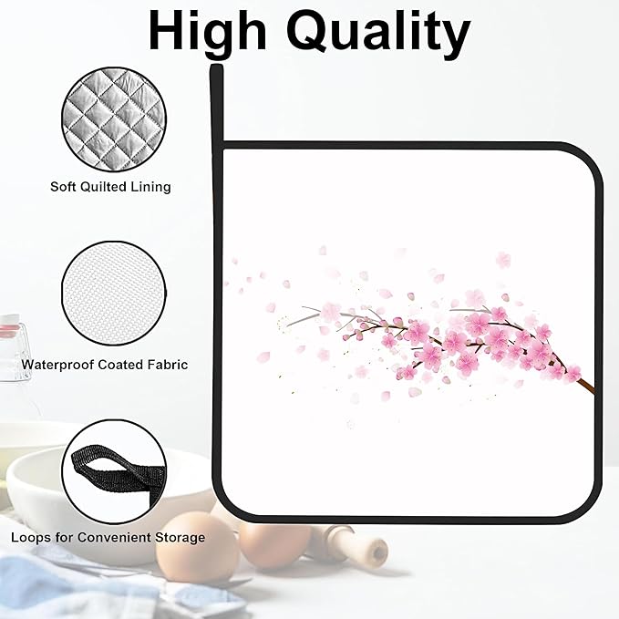 Cherry Blossom Pot Holders Set of 2 Heat Resistant & Non Slip Potholders, Japanede Sakura Oven Hot Pads for Kitchen Cooking Baking Barbecue