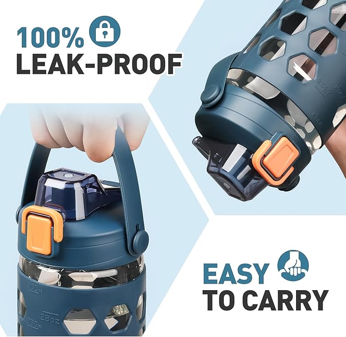 MUKOKO 32 oz Glass Tumbler with Straw,Glass Water Bottles with Time Marker,Iced Coffee Cup with 2 Lids-Handle Spout Lid&Straw Lid,Silicone Sleeve,Leakproof,1 Pack-Blue