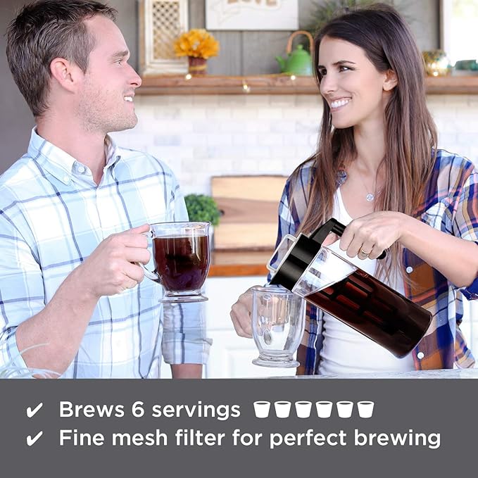 Willow & Everett Cold Brew Coffee & Iced-Tea Maker Pitcher, 1.3 L Glass Dispenser Metal & Plastic Lid Mesh Filter Iced Coffee & Sun Tea Brewing System