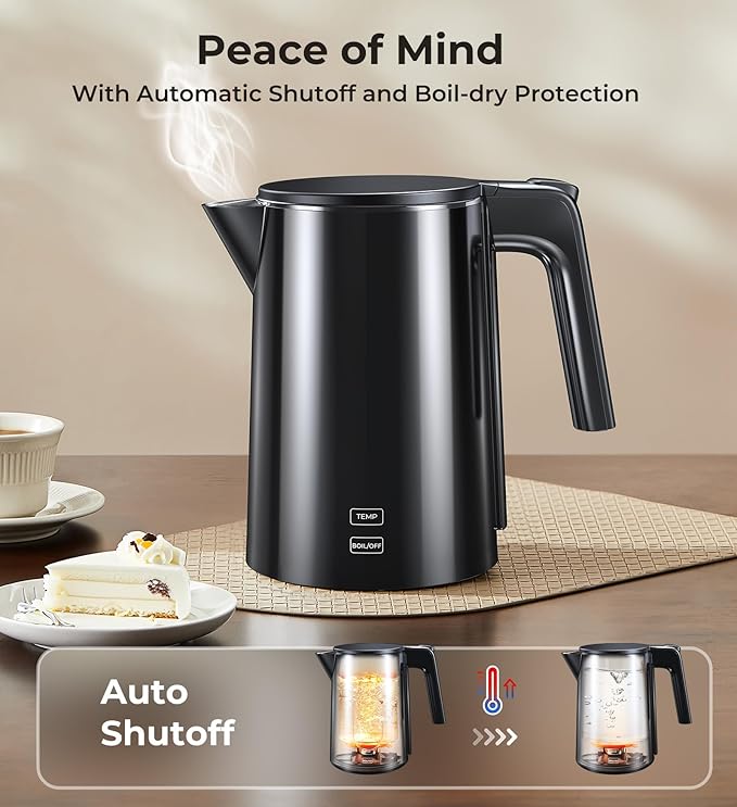 Electric Kettle, Double Wall Stainless Steel Cool Touch Water Boiler Heater, 7 Temperature Control Teapot, 4H Keep Warm, 1.0L 1200W Fast Heat with Auto Shut-Off, Boil-Dry Proof Coffee Tea Pot, Black