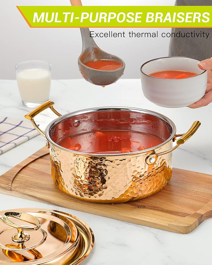 DAEDALUS 6QT Stainless Steel Stock Pot with Lid 3 Triply Clad Hammered Copper Pot, Nonstick Boiling Cookware for Home Kitchen Restaurant, Dishwasher Oven Safe Rose Gold