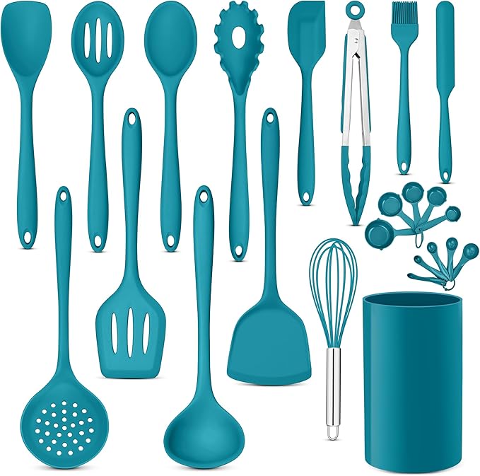 E-far Silicone Cooking Utensils Set, 24Pcs Heat Resistant Kitchen Utensil with Holder, Silicone Kitchen Tools with Spatula Turner Spoon Tongs Whisk, Non-Toxic & Dishwasher Safe (Blue)