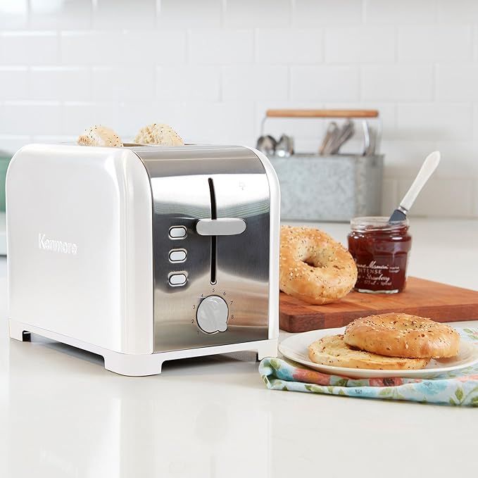Kenmore toaster 2 slice - extra wide slot countertop kitchen appliance, defrost function, tostador de pan, 9 shade settings, compact design, easy clean crumb tray, bread bagel, stainless steel & White