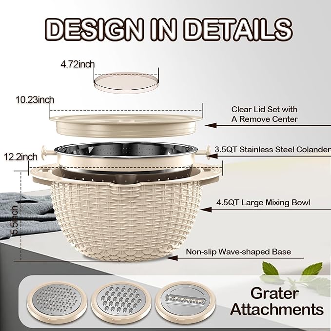 Colanders, 4-1 Colander with Mixing Bowls Set, Strainers for Kitchen, Food Strainers with Grater, Kitchen Gadgets Strainer Basket for Draining Pasta, Vegetable, Fruit & Veggie Washerl,Beige