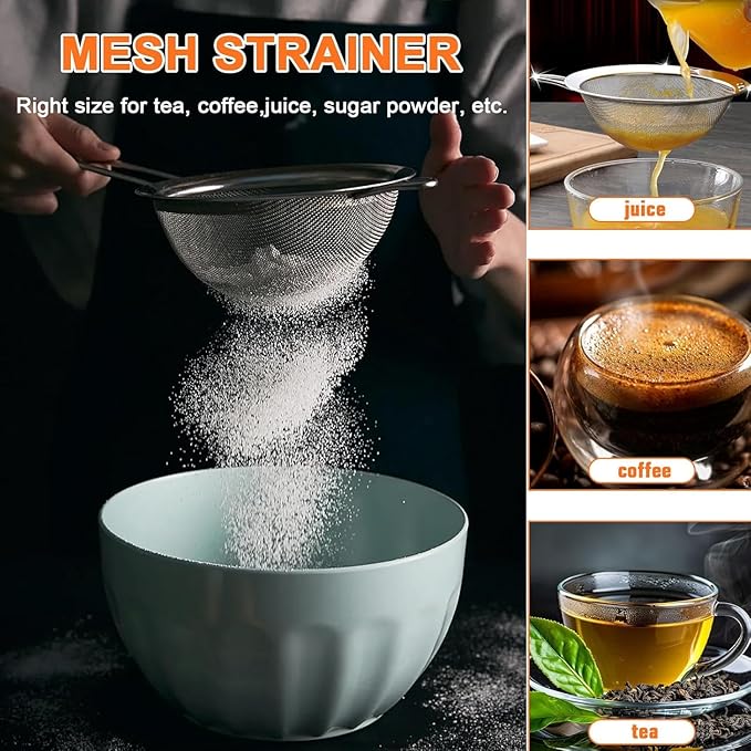 Flour Sifter,5 Cup with Scale Stainless Steel Flour Sifters,4 in 1 Baking Sifter Set with Powder Sugar Shaker Duster,Strainers Fine Mesh and Metal Scoop for Baking Cake,Pastries,Pies,Cupcakes,Desserts