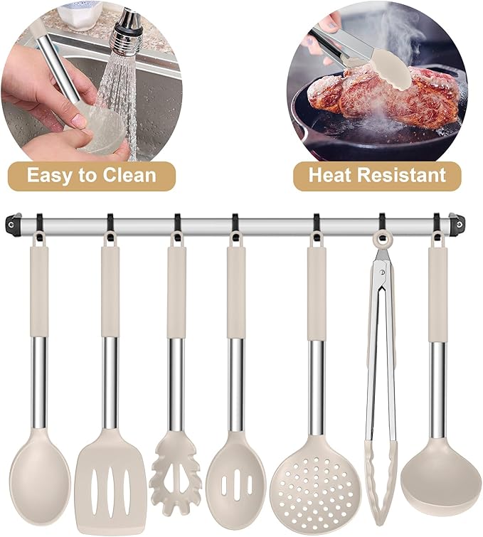 E-far Silicone Cooking Utensils Set, 7 Pcs Heat Resistant Kitchen Utensils with Stainless Steel Handle, Slotted Turner, Spoon, Soup Ladle, Pasta Server, Skimmer, Tongs for Nonstick Cookware, Khaki