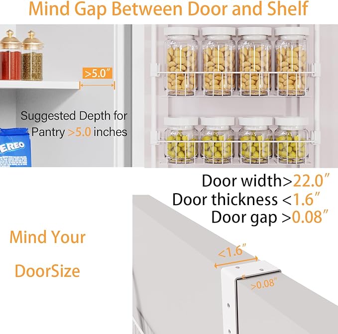8-Tier Over The Door Pantry Organizers, Pantry Door Organizer and Storage with Adjustable Baskets,Heavy-Duty Metal Spice Rack,essential kitchen and home Shelves (white)