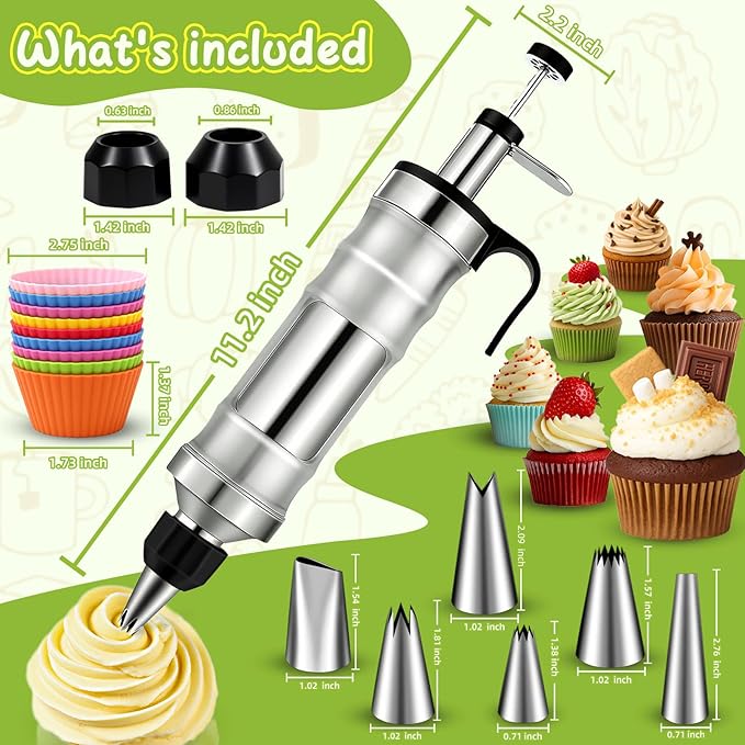 FANTEXY Dessert Decorating Syringe Set, Icing Piping Kit Stainless Steels Cake Decorating Tools 6 Piping Icing Nozzles Cupcake Decorating Kit