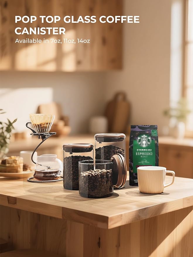 Borosilicate Glass Air Tight Coffee Grounds Container 600 ml – Pop Top Coffee Canister with One-Way CO₂ Valve, 7 Oz Coffee Storage Container, UV Protection
