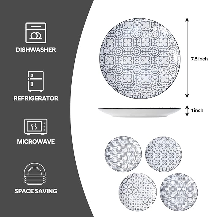 bestone 7.5 Inch Porcelain Salad Plates Set, Porcelain Dessert/Salad Plate,Classic Round with Wide Rim, Lead-Free,Dishwasher, Microwave, Freezer, Oven Safe, for Everyday Use-Set of 4,Grey