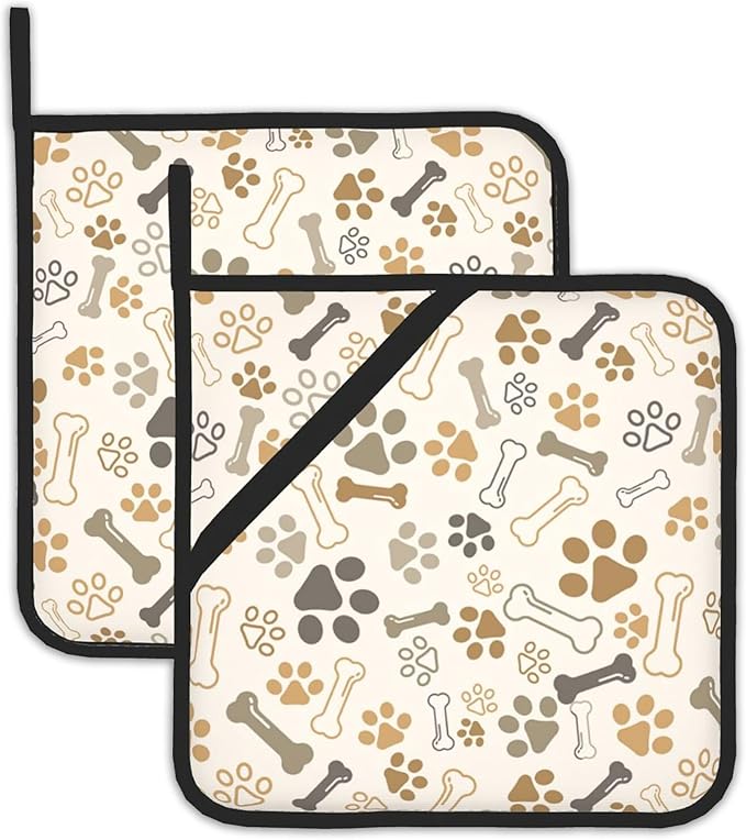 Dog Cat Paw Print Bones Pot Holder Set of 2,Kitchen Heat Resistant Potholder for Women Men BBQ Cooking Baking