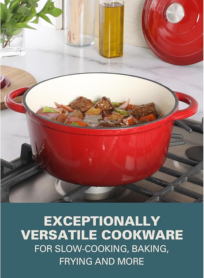 Gibson Home Addlestone 5 Quart Round Enamel Cast Iron Dutch Oven Pot With Lid & Dual Handles - Gradient Red